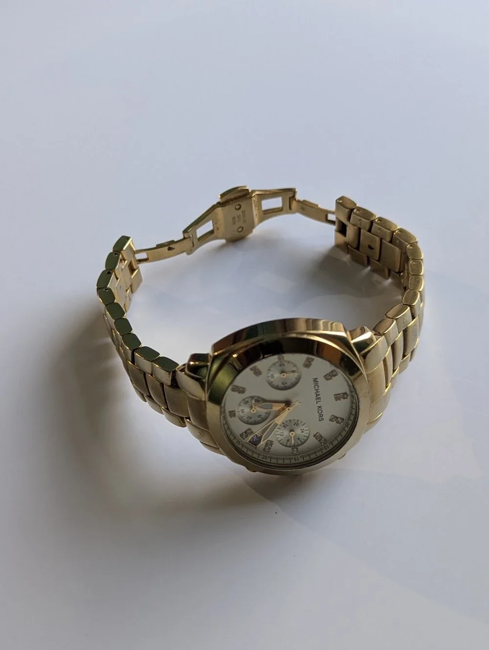 Michael Kors Gold Tone Chronograph Watch Crystal Dial Date Working Battery